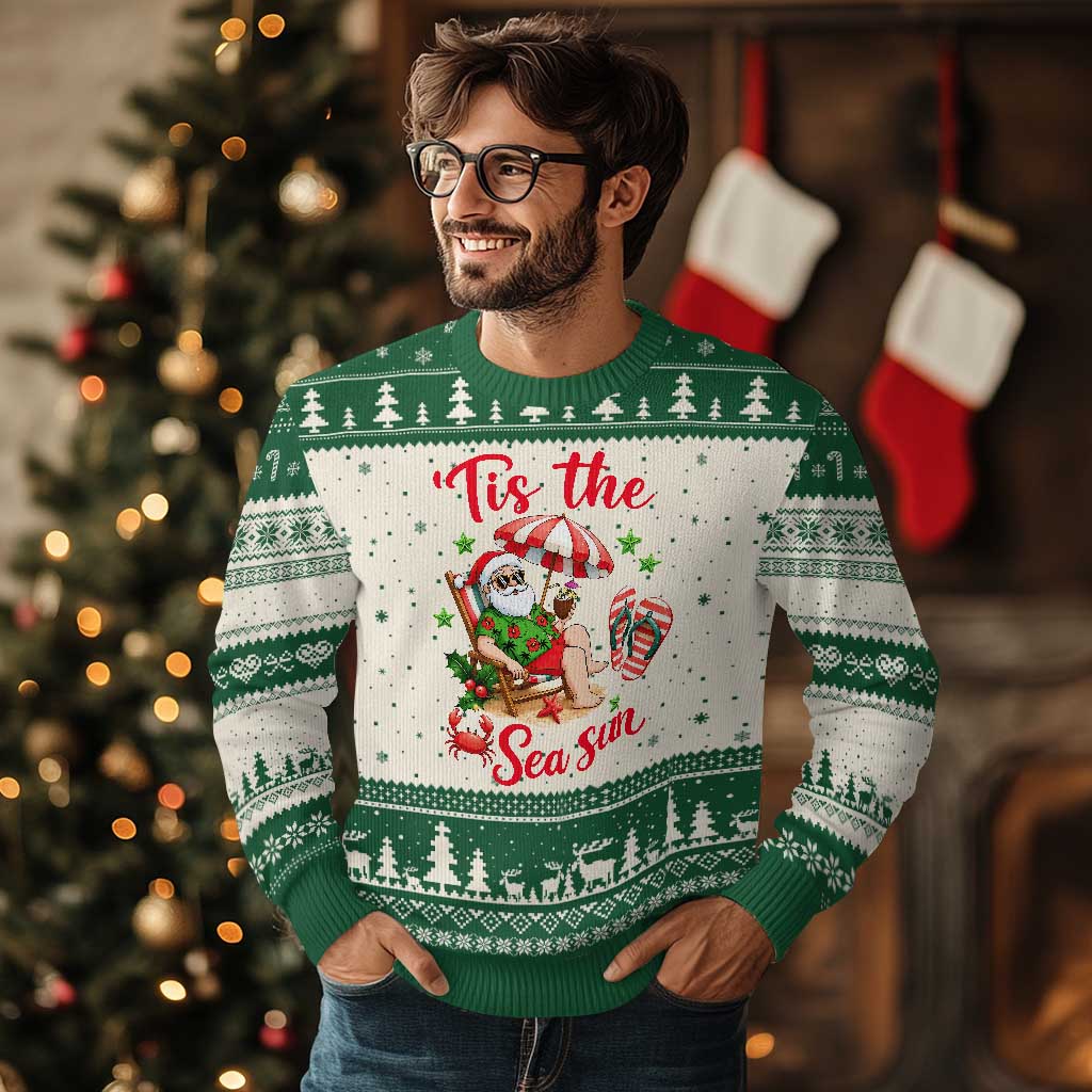 Funny Santa Christmas In July Graphic Ugly Christmas Sweater Tis The Sea Sun TS12 Beige Green Print Your Wear
