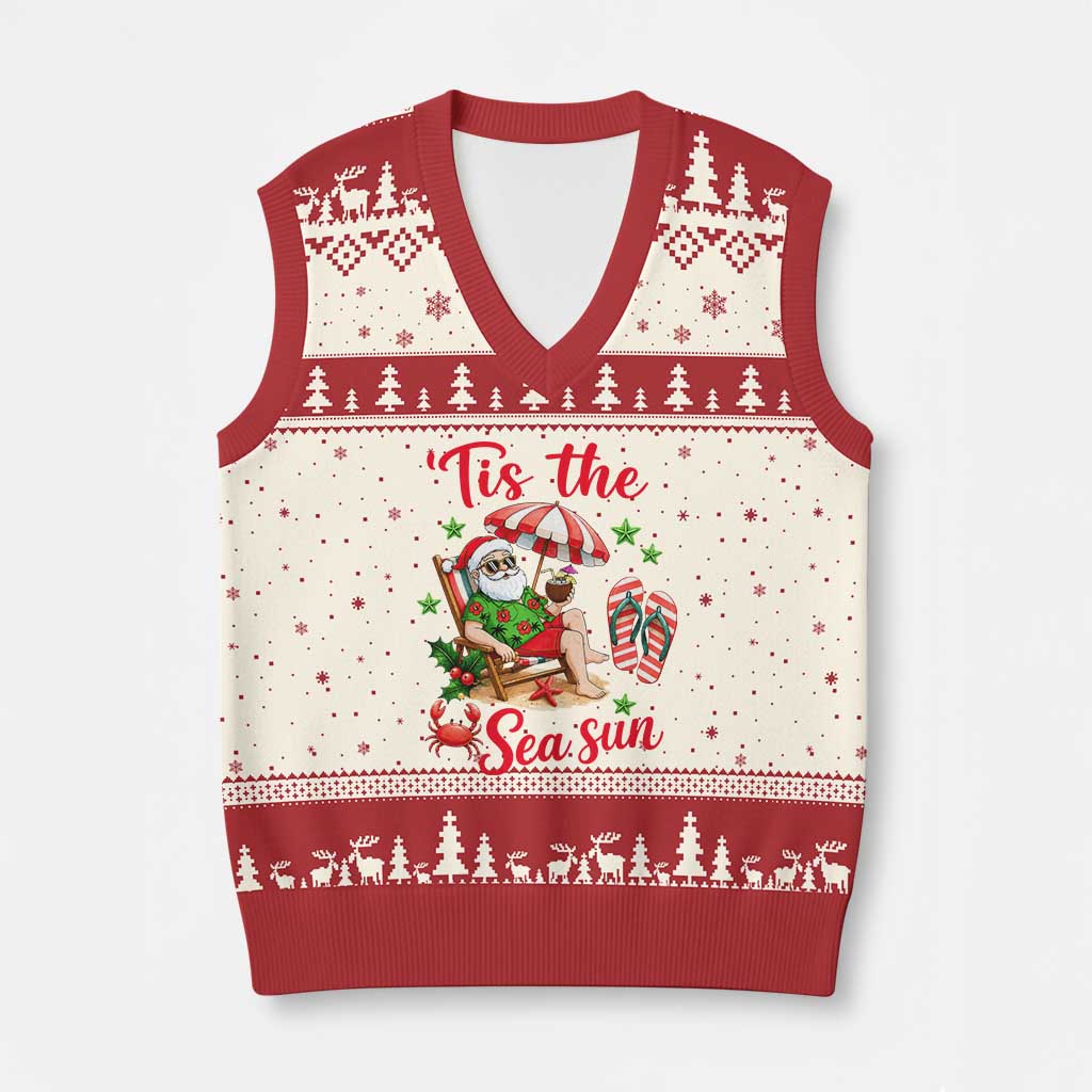 Funny Santa Christmas In July Graphic V-Neck Knit Sweater Vest Tis The Sea Sun