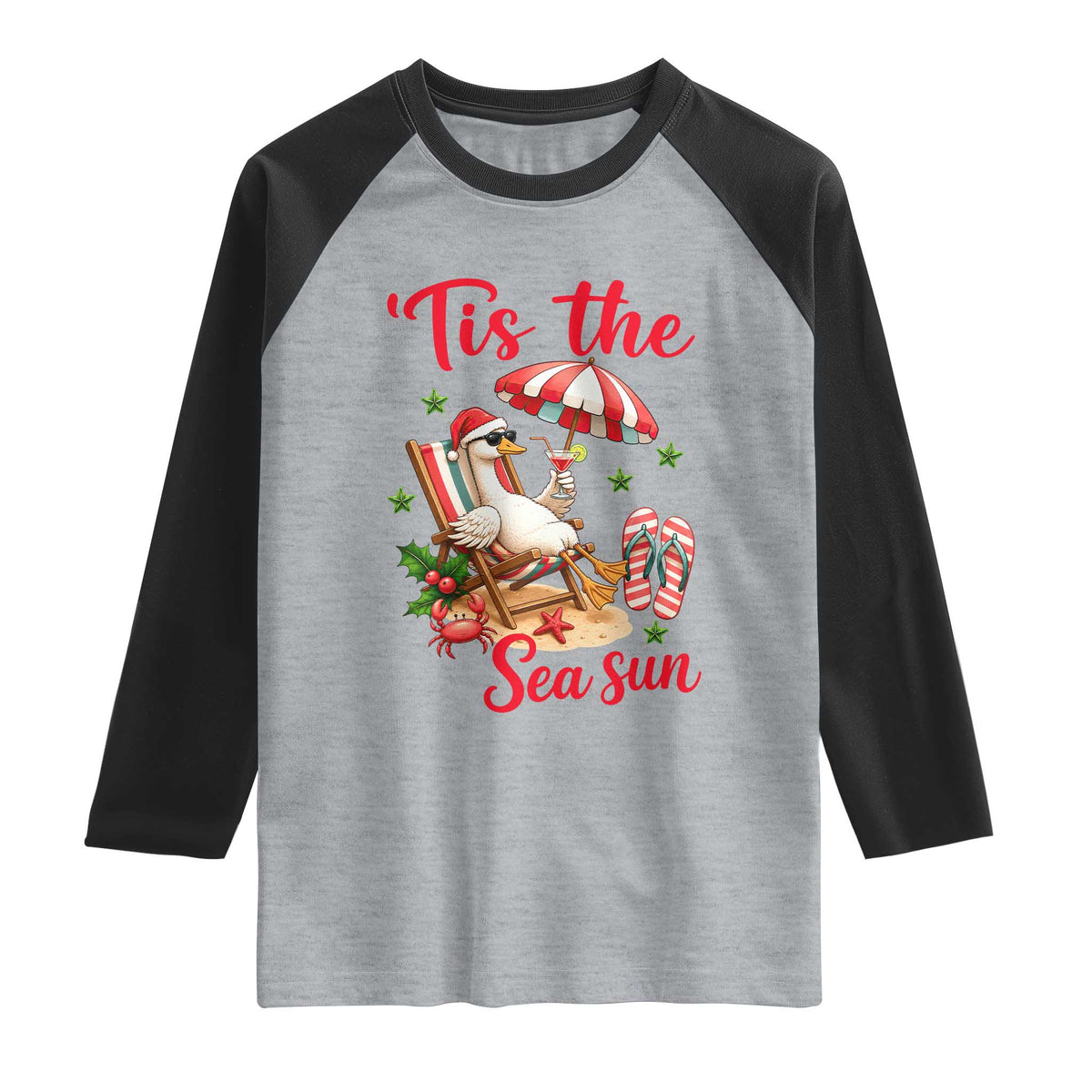 Funny Christmas In July Goose Raglan Shirt Tropical Summer Beach Party TS12 Heather Gray Black Print Your Wear