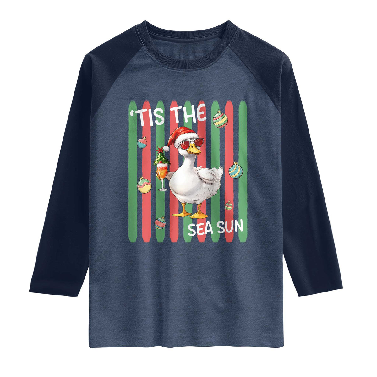 Funny Christmas In July Goose Raglan Shirt Tis The Sea Sun TS12 Heather Denim Navy Print Your Wear