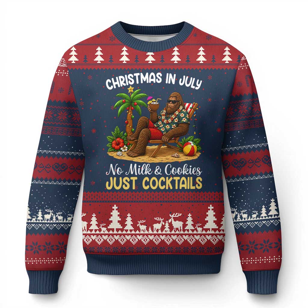 Funny Christmas In July Bigfoot Ugly Christmas Sweater No Milk And Cookies Just Cocktails TS12 Navy Red Print Your Wear