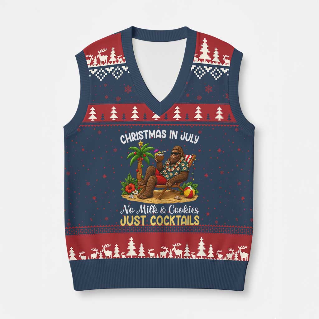Funny Christmas In July Bigfoot V-Neck Knit Sweater Vest No Milk And Cookies Just Cocktails TS12 Navy Red Print Your Wear