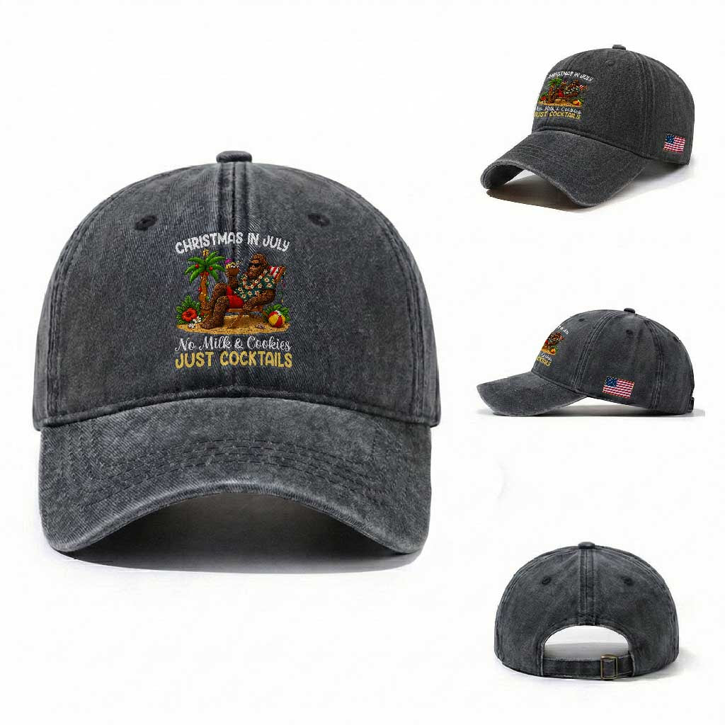 Funny Christmas In July Bigfoot Washed Cotton Baseball Cap No Milk And Cookies Just Cocktails TS12 Washed Cap Universal Fit Dark Gray Print Your Wear