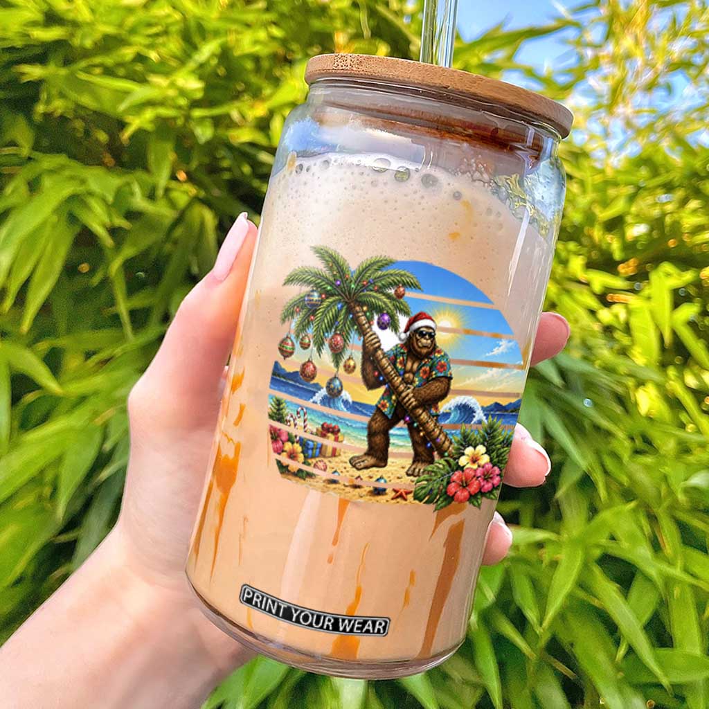 Funny Christmas In July Bigfoot Glass Can Tropical Vacation Graphic TS12 White Print Your Wear