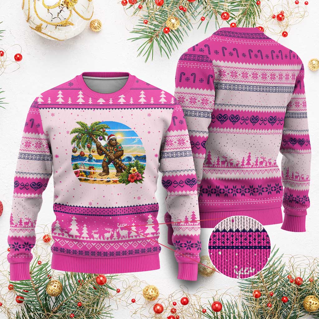 Funny Christmas In July Bigfoot Ugly Christmas Sweater Tropical Vacation Graphic TS12 Hot Pink Print Your Wear