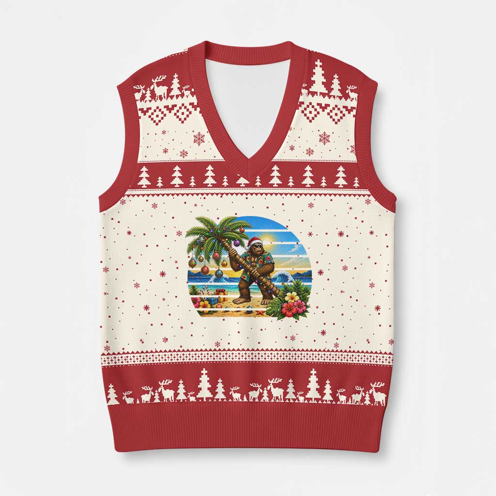 Funny Christmas In July Bigfoot V-Neck Knit Sweater Vest Tropical Vacation Graphic TS12 Beige Red Print Your Wear