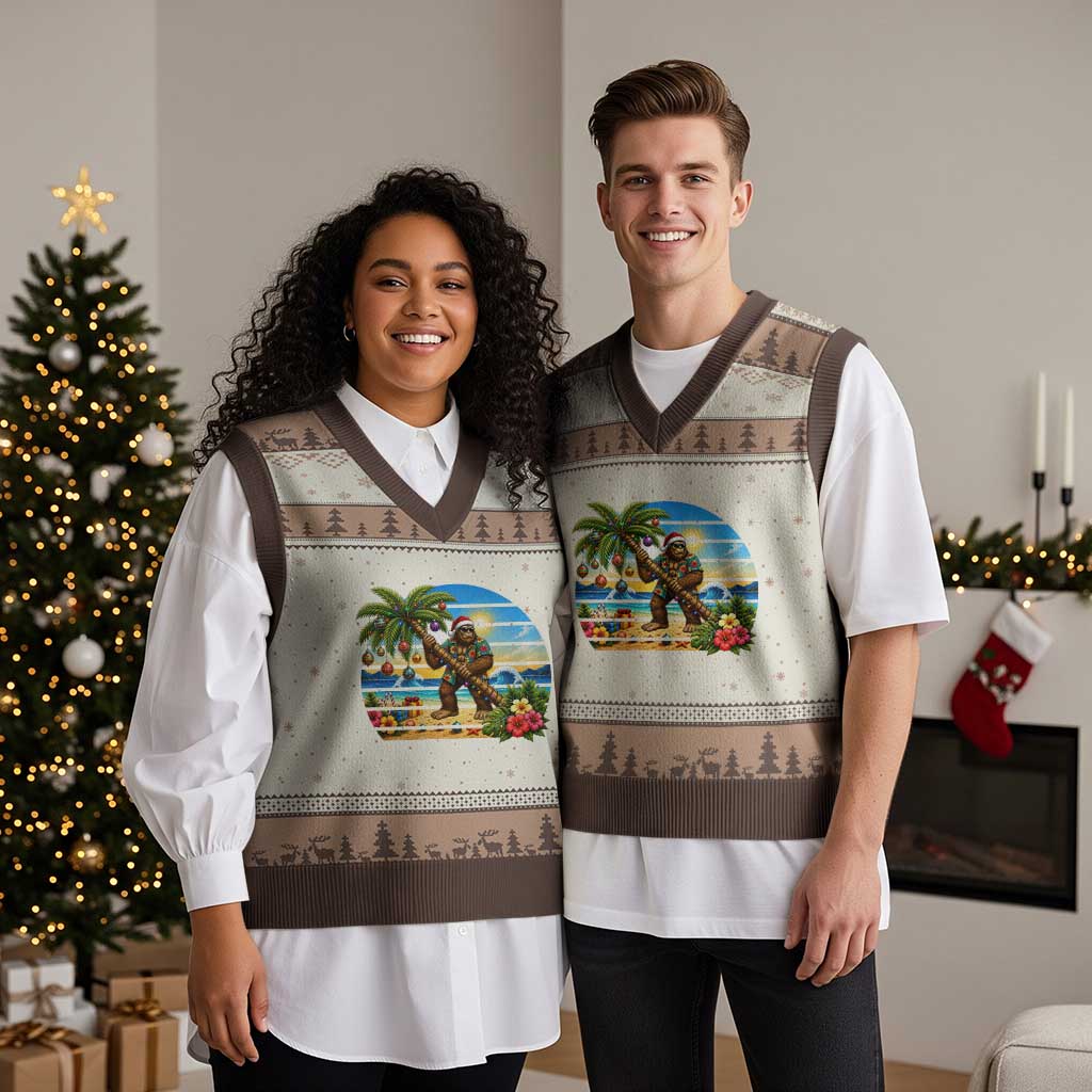 Funny Christmas In July Bigfoot V-Neck Knit Sweater Vest Tropical Vacation Graphic TS12 Mocha Mousse Print Your Wear