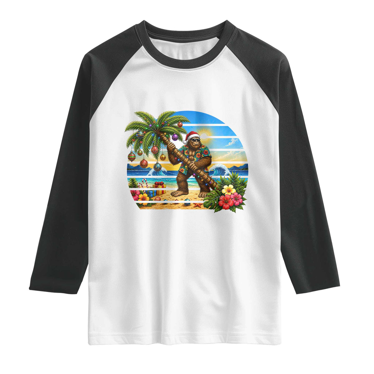 Funny Christmas In July Bigfoot Raglan Shirt Tropical Vacation Graphic