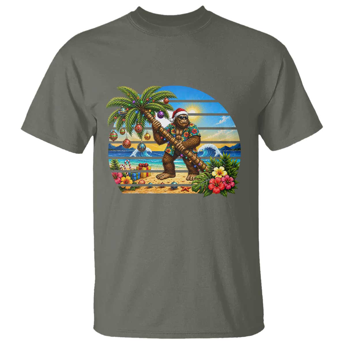 Funny Christmas In July Bigfoot T Shirt Tropical Vacation Graphic