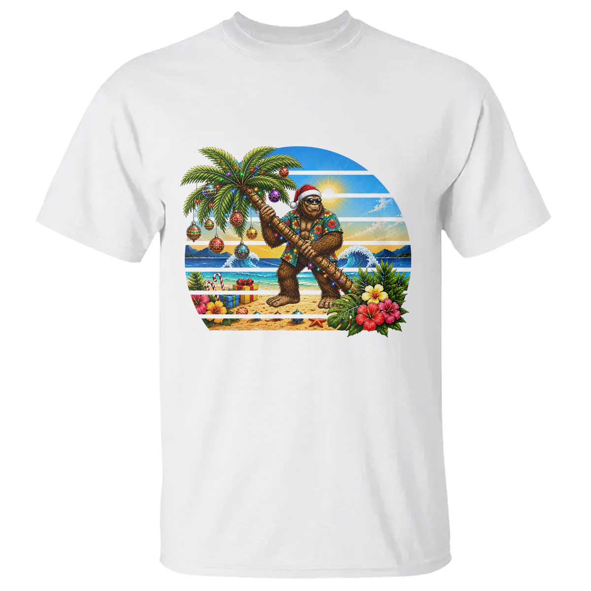 Funny Christmas In July Bigfoot T Shirt Tropical Vacation Graphic