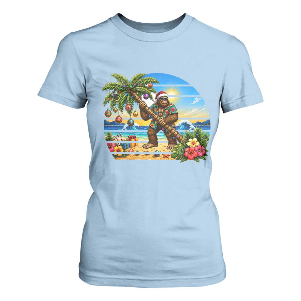 Funny Christmas In July Bigfoot T Shirt For Women Tropical Vacation Graphic