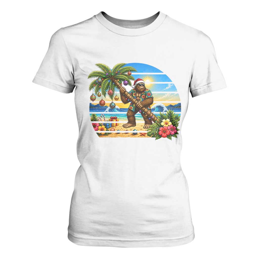 Funny Christmas In July Bigfoot T Shirt For Women Tropical Vacation Graphic