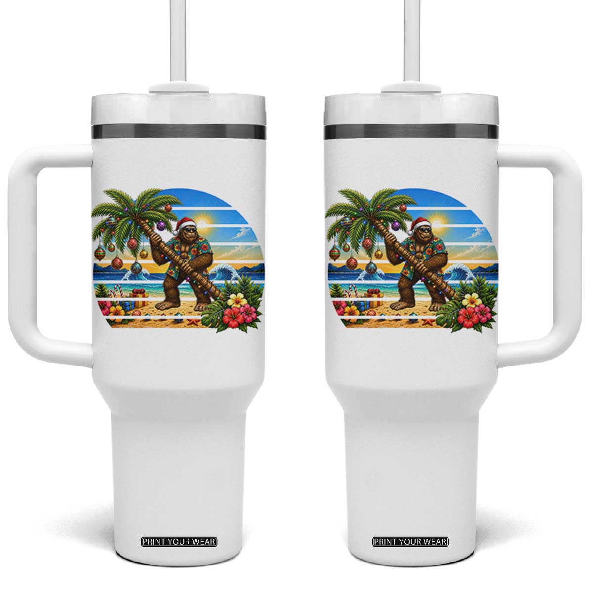 Funny Christmas In July Bigfoot Tumbler With Handle Tropical Vacation Graphic TS12 One Size: 40 oz White Print Your Wear