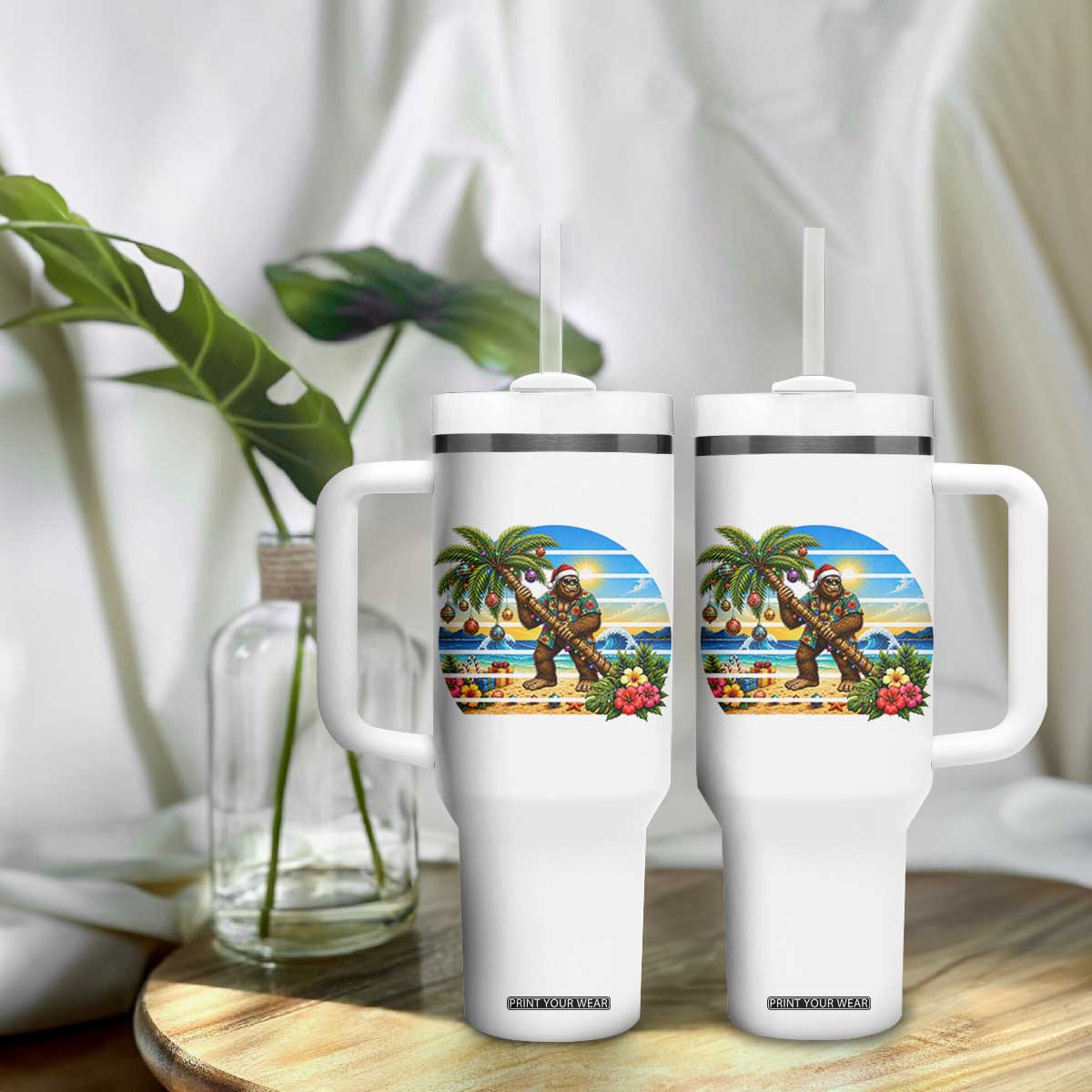 Funny Christmas In July Bigfoot Tumbler With Handle Tropical Vacation Graphic TS12 Print Your Wear