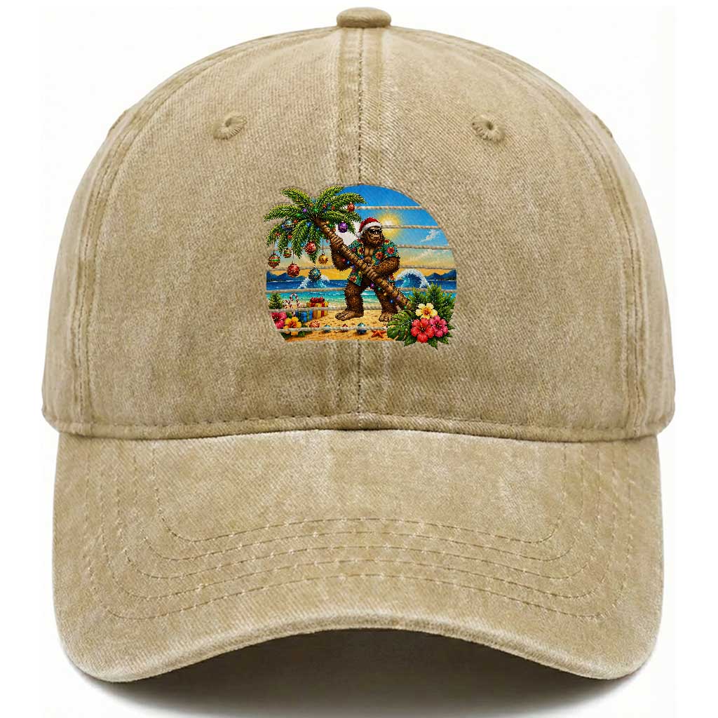 Funny Christmas In July Bigfoot Washed Cotton Baseball Cap Tropical Vacation Graphic TS12 Print Your Wear