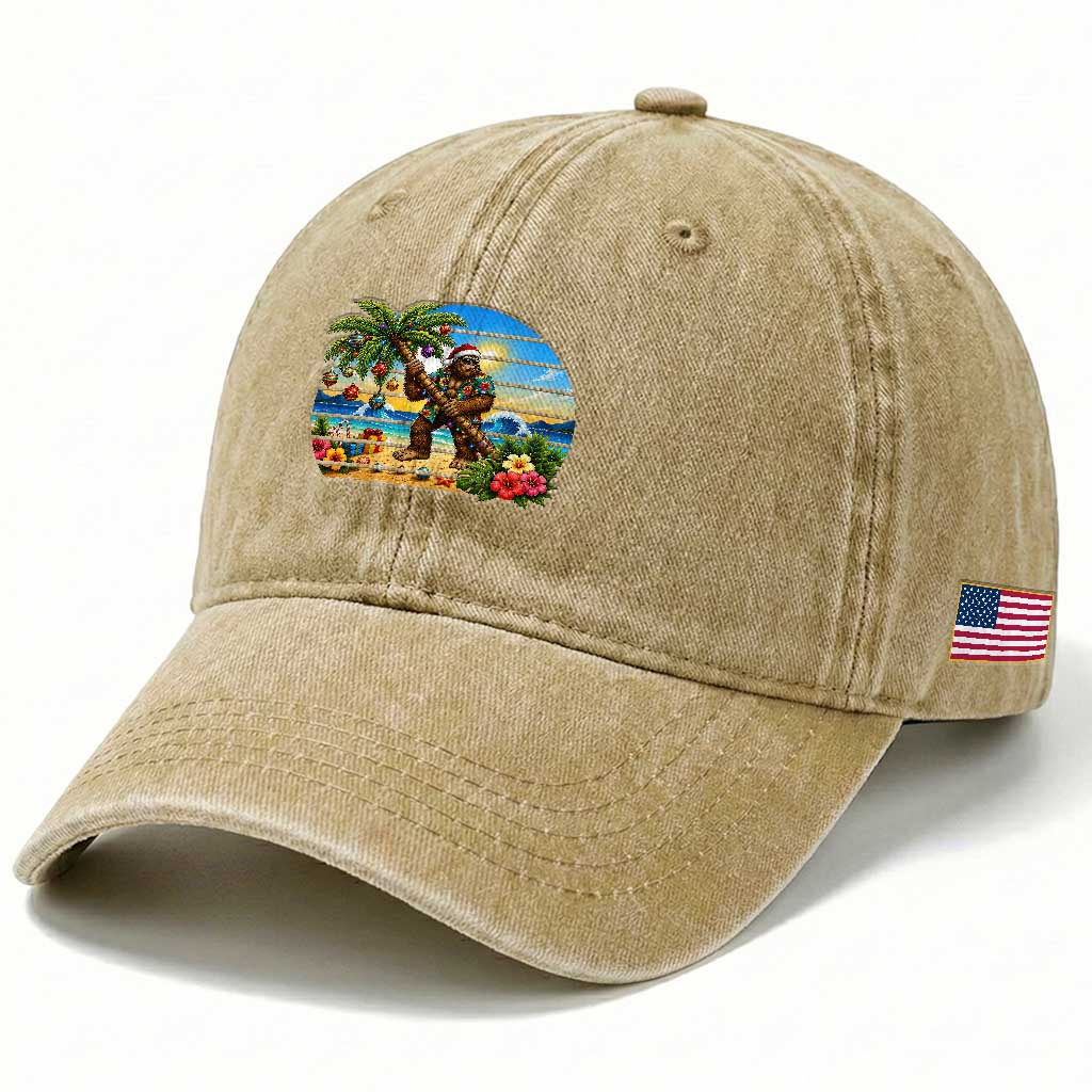 Funny Christmas In July Bigfoot Washed Cotton Baseball Cap Tropical Vacation Graphic TS12 Print Your Wear