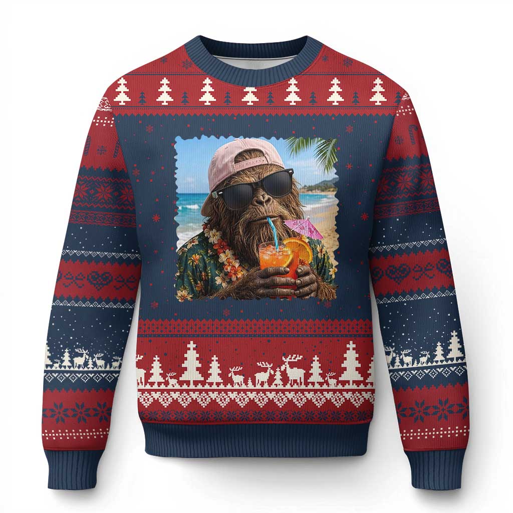 Funny Hawaiian Bigfoot Ugly Christmas Sweater Tropical Beach Party Graphic TS12 Navy Red Print Your Wear