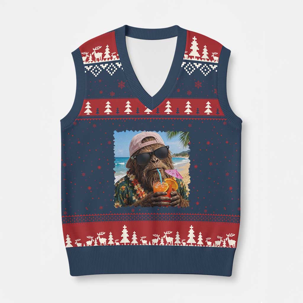 Funny Hawaiian Bigfoot V-Neck Knit Sweater Vest Tropical Beach Party Graphic TS12 Navy Red Print Your Wear