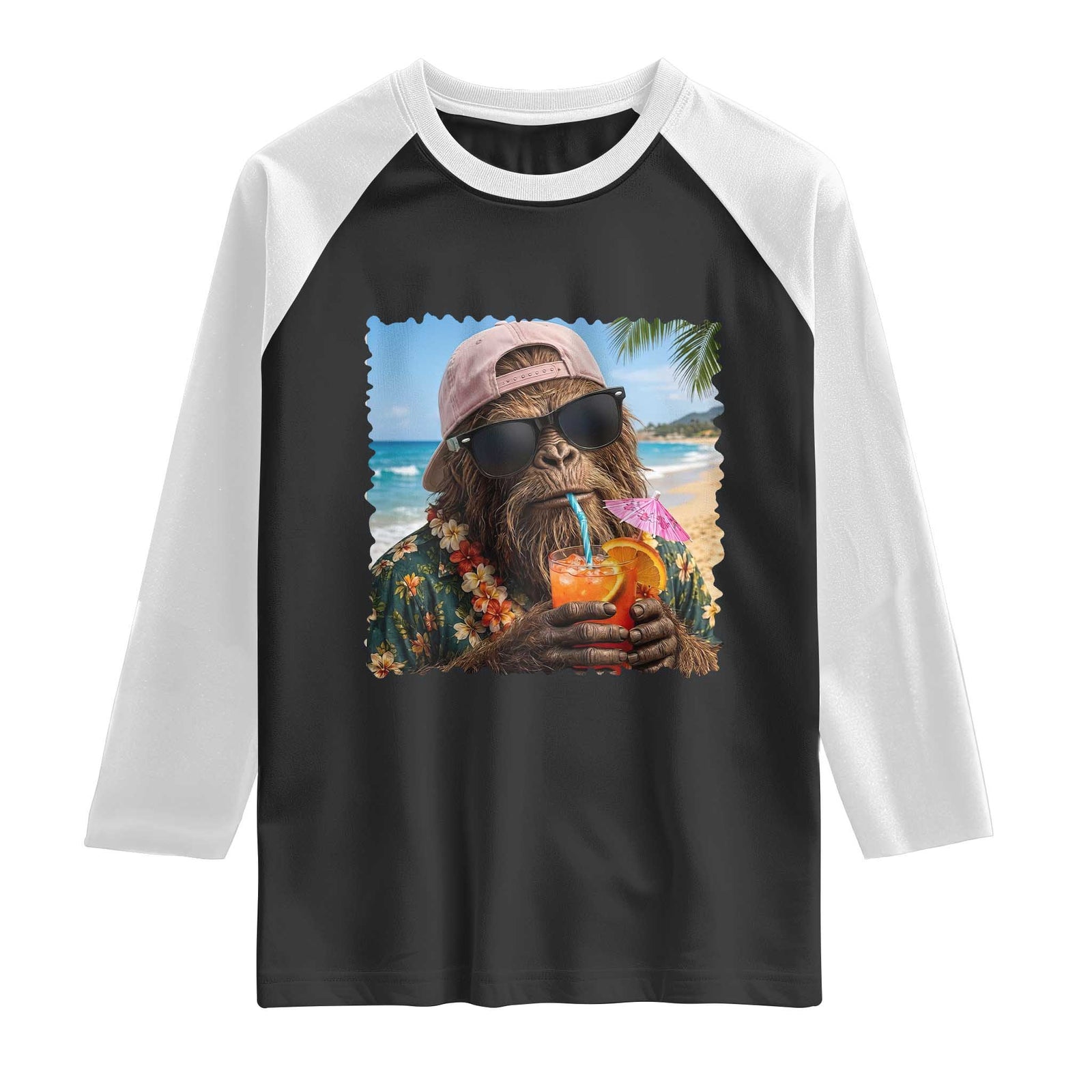 Funny Hawaiian Bigfoot Raglan Shirt Tropical Beach Party Graphic TS12 Black White Print Your Wear