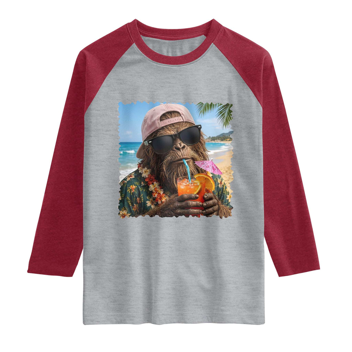 Funny Hawaiian Bigfoot Raglan Shirt Tropical Beach Party Graphic