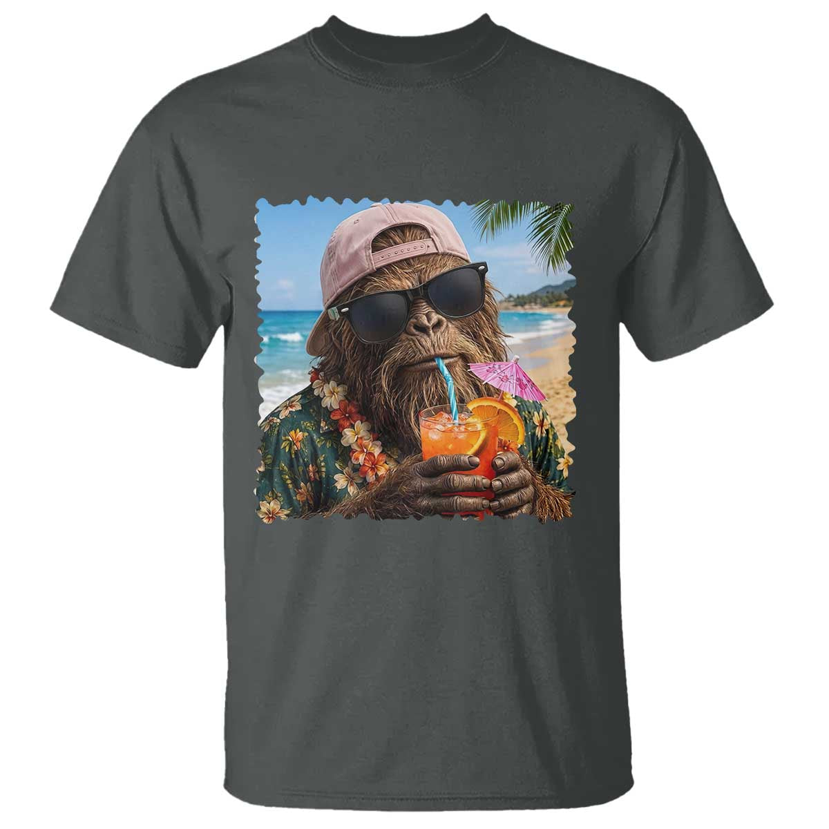 Funny Hawaiian Bigfoot T Shirt Tropical Beach Party Graphic TS12 Dark Heather Print Your Wear