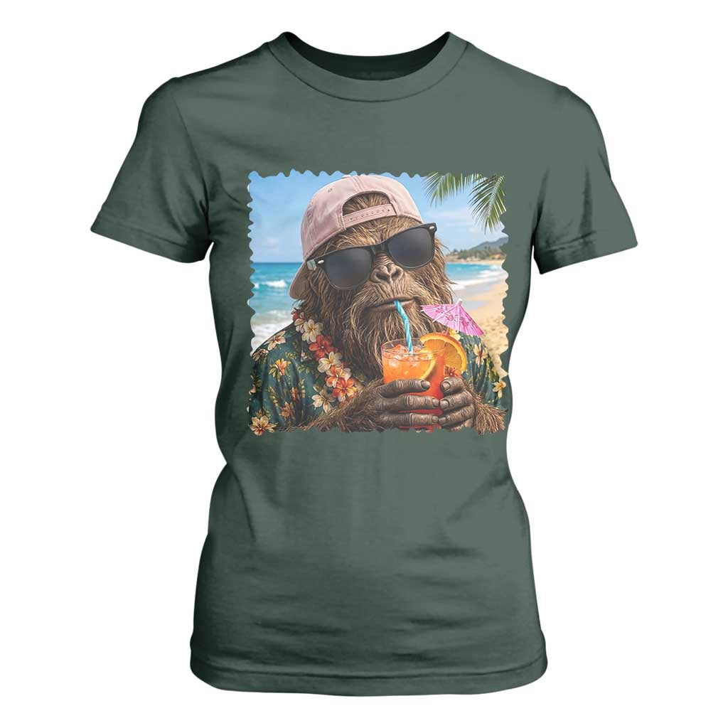 Funny Hawaiian Bigfoot T Shirt For Women Tropical Beach Party Graphic TS12 Dark Forest Green Print Your Wear