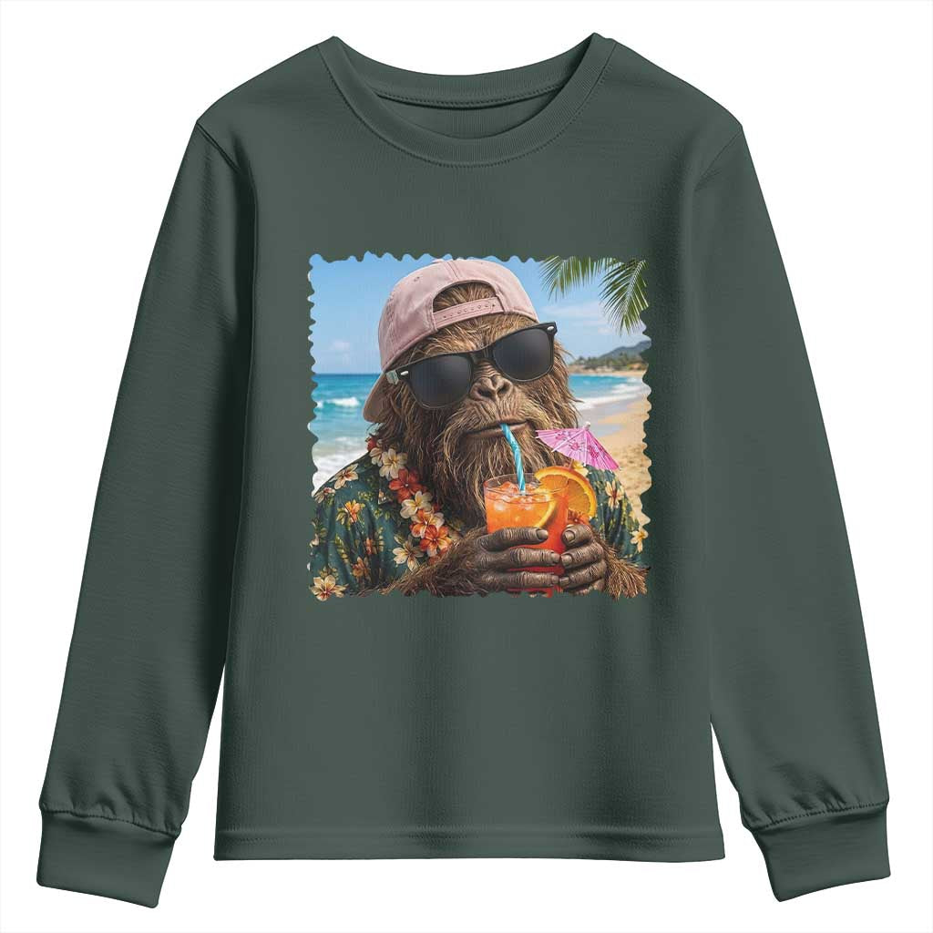 Funny Hawaiian Bigfoot Youth Sweatshirt Tropical Beach Party Graphic TS12 Dark Forest Green Print Your Wear