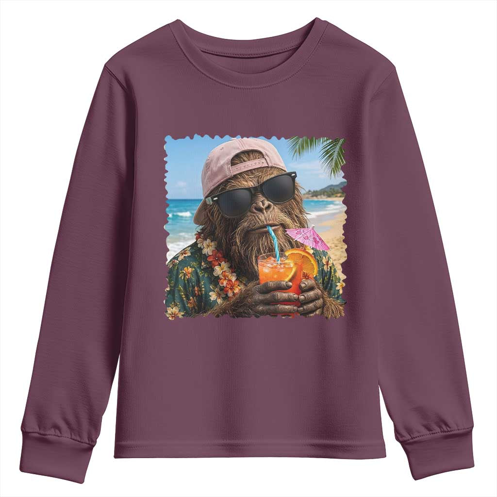 Funny Hawaiian Bigfoot Youth Sweatshirt Tropical Beach Party Graphic TS12 Maroon Print Your Wear