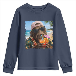 Funny Hawaiian Bigfoot Youth Sweatshirt Tropical Beach Party Graphic TS12 Navy Print Your Wear
