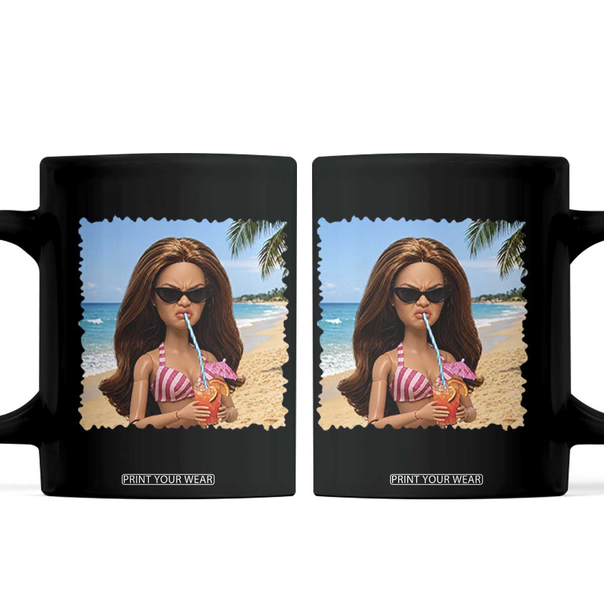 Funny Summer Doll Face Meme Coffee Mug Tropical Beach Party Graphic