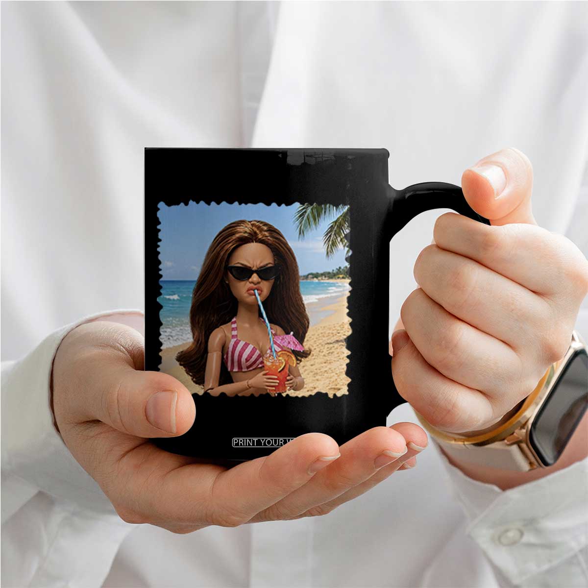 Funny Summer Doll Face Meme Coffee Mug Tropical Beach Party Graphic TS12 Print Your Wear