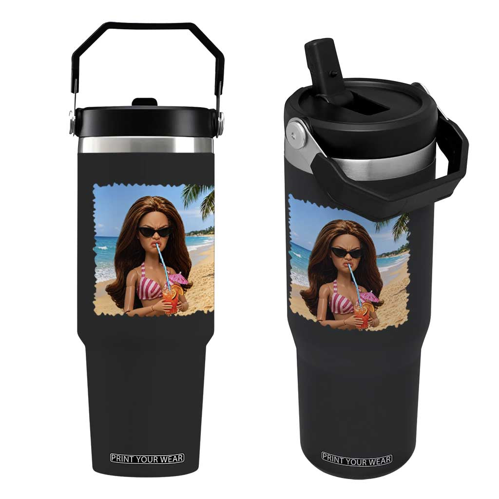 Funny Summer Doll Face Meme Flip Straw Tumbler Tropical Beach Party Graphic TS12 One Size: 30 oz Black Print Your Wear