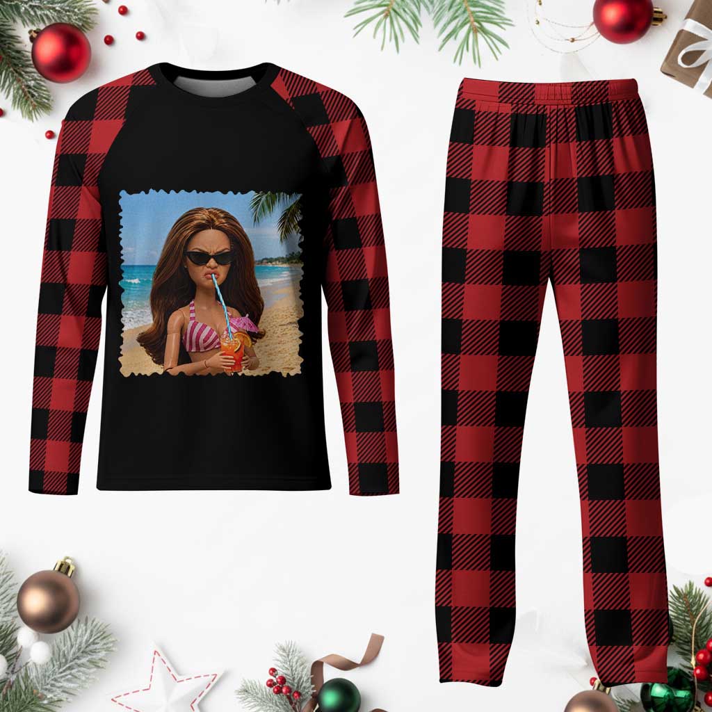Funny Summer Doll Face Meme Plaid Pajama Set Tropical Beach Party Graphic TS12 Buffalo Plaid Print Your Wear