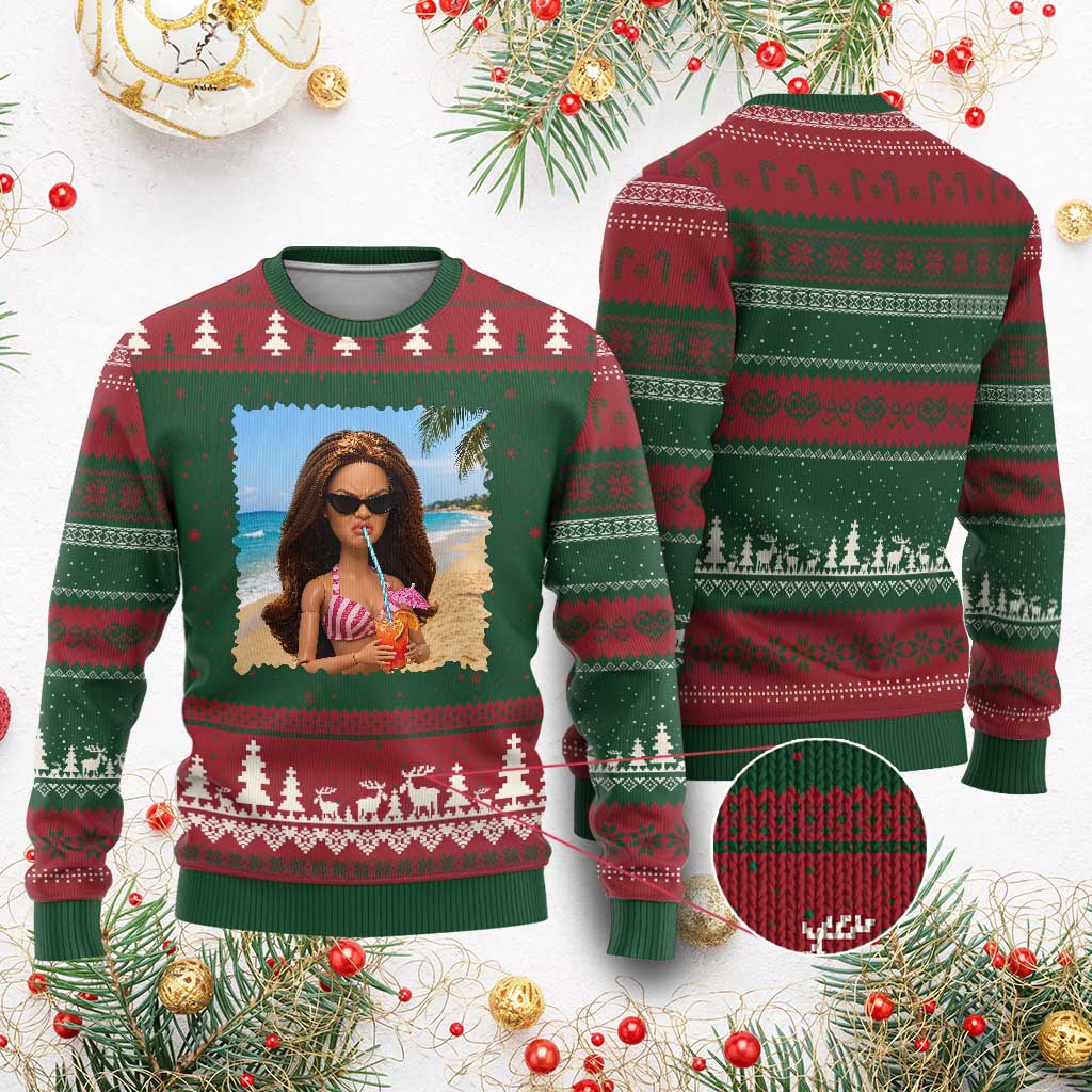 Funny Summer Doll Face Meme Ugly Christmas Sweater Tropical Beach Party Graphic TS12 Red Green Print Your Wear