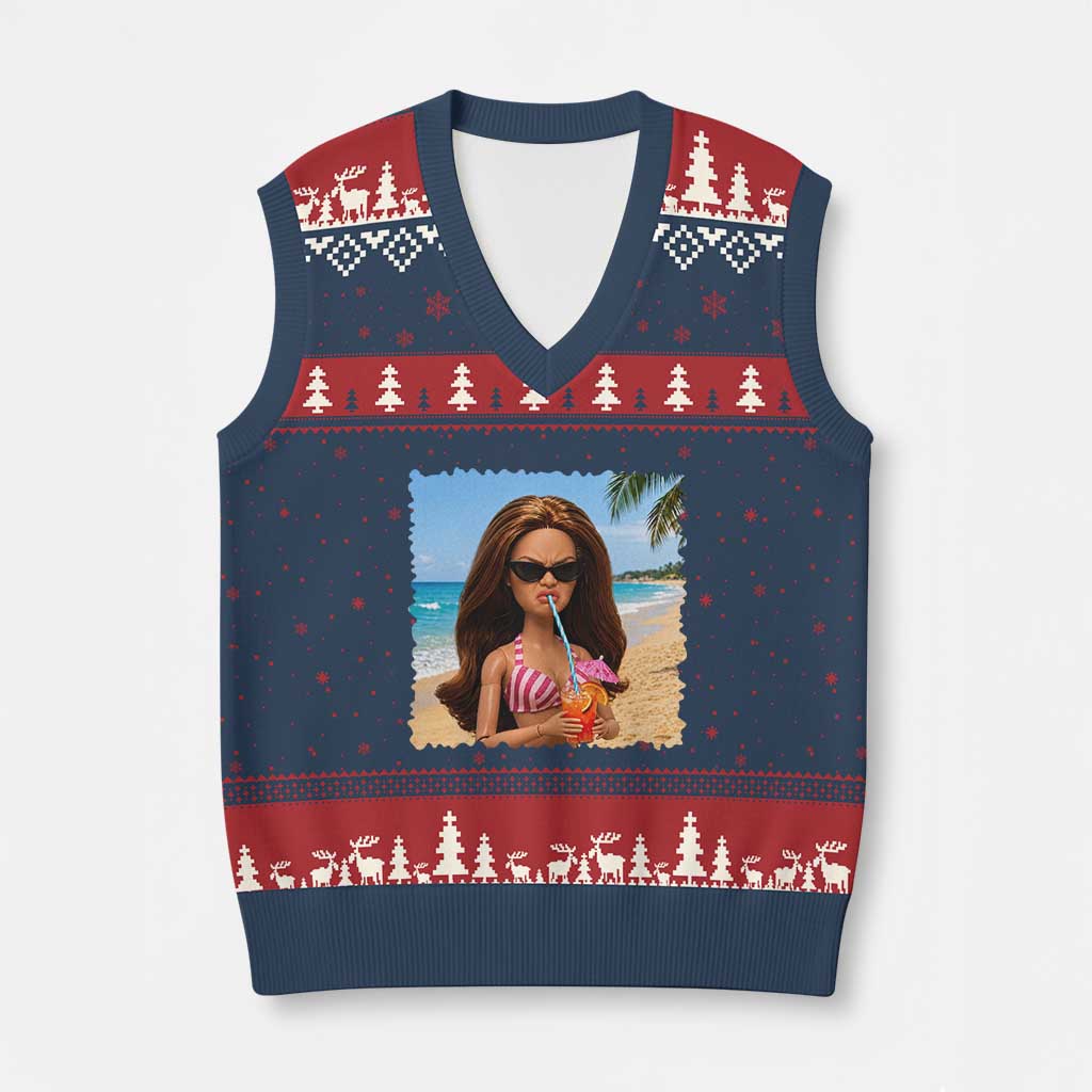 Funny Summer Doll Face Meme V-Neck Knit Sweater Vest Tropical Beach Party Graphic TS12 Navy Red Print Your Wear