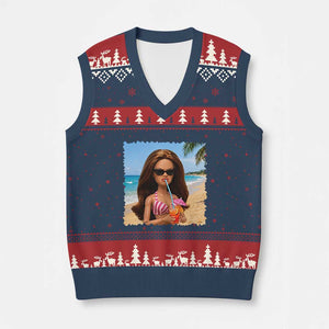 Funny Summer Doll Face Meme V-Neck Knit Sweater Vest Tropical Beach Party Graphic TS12 Navy Red Print Your Wear