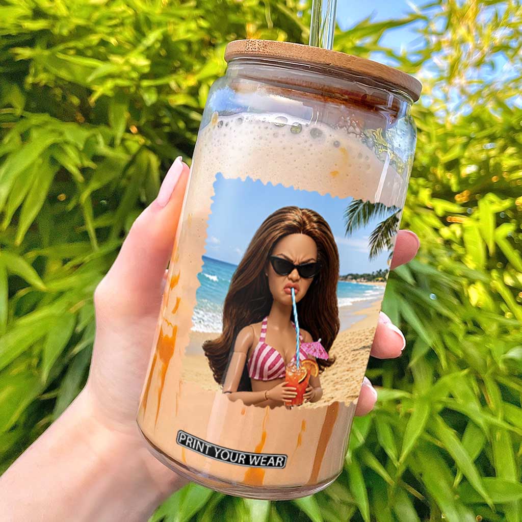 Funny Summer Doll Face Meme Glass Can Tropical Beach Party Graphic