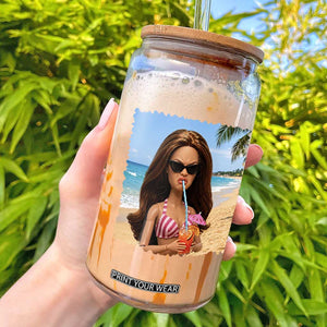 Funny Summer Doll Face Meme Glass Can Tropical Beach Party Graphic