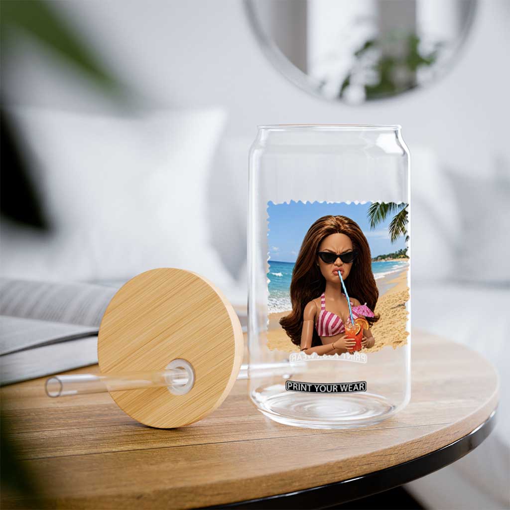Funny Summer Doll Face Meme Glass Can Tropical Beach Party Graphic