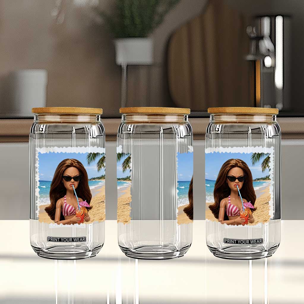 Funny Summer Doll Face Meme Glass Can Tropical Beach Party Graphic