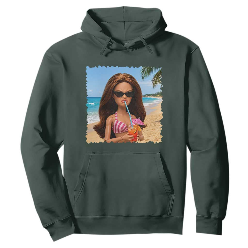 Funny Summer Doll Face Meme Hoodie Tropical Beach Party Graphic TS12 Dark Forest Green Print Your Wear
