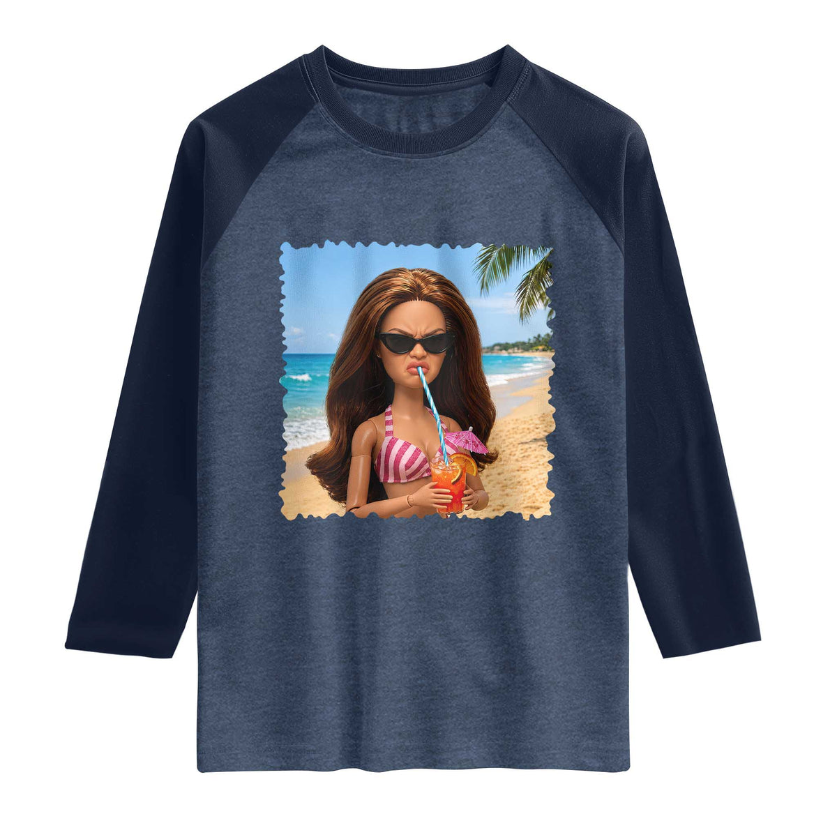 Funny Summer Doll Face Meme Raglan Shirt Tropical Beach Party Graphic TS12 Heather Denim Navy Print Your Wear