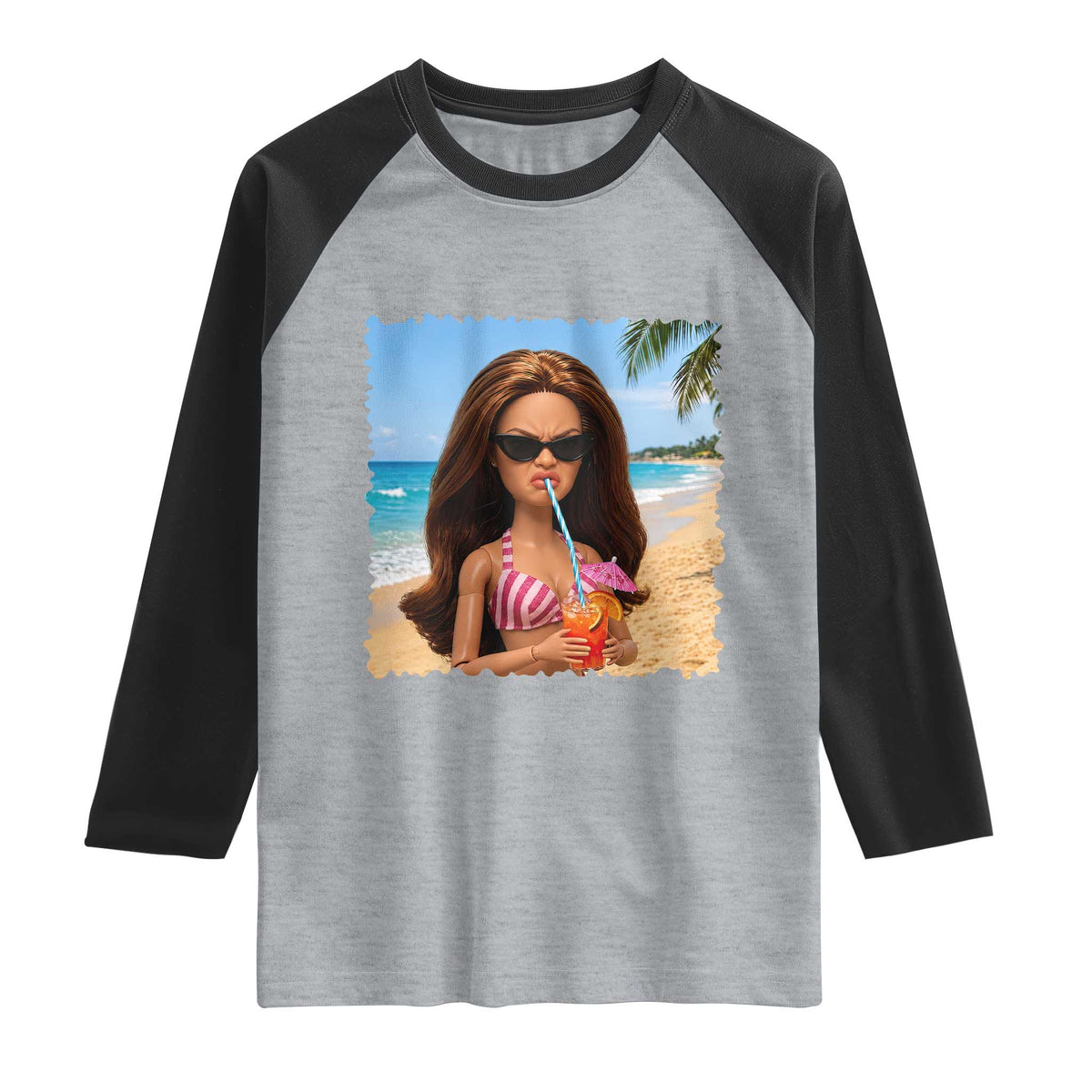 Funny Summer Doll Face Meme Raglan Shirt Tropical Beach Party Graphic TS12 Heather Gray Black Print Your Wear