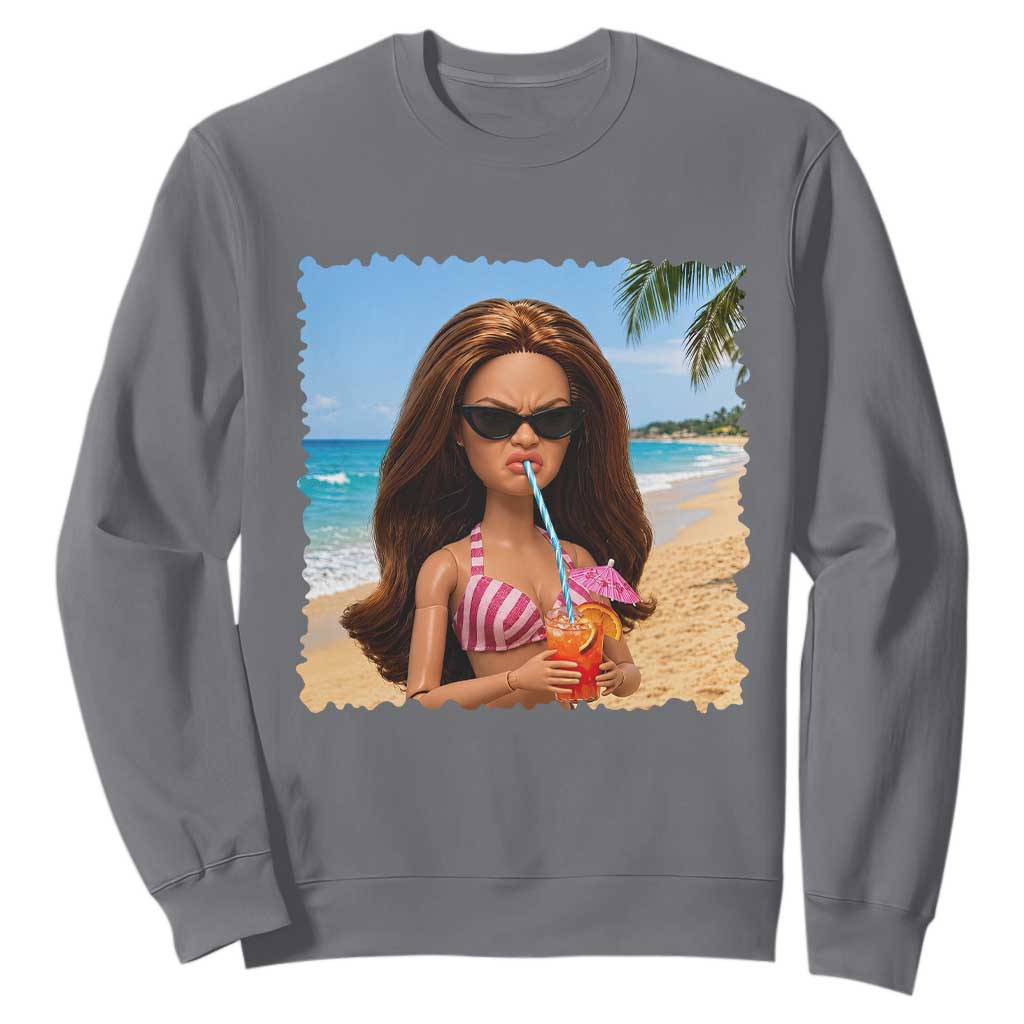 Funny Summer Doll Face Meme Sweatshirt Tropical Beach Party Graphic TS12 Charcoal Print Your Wear