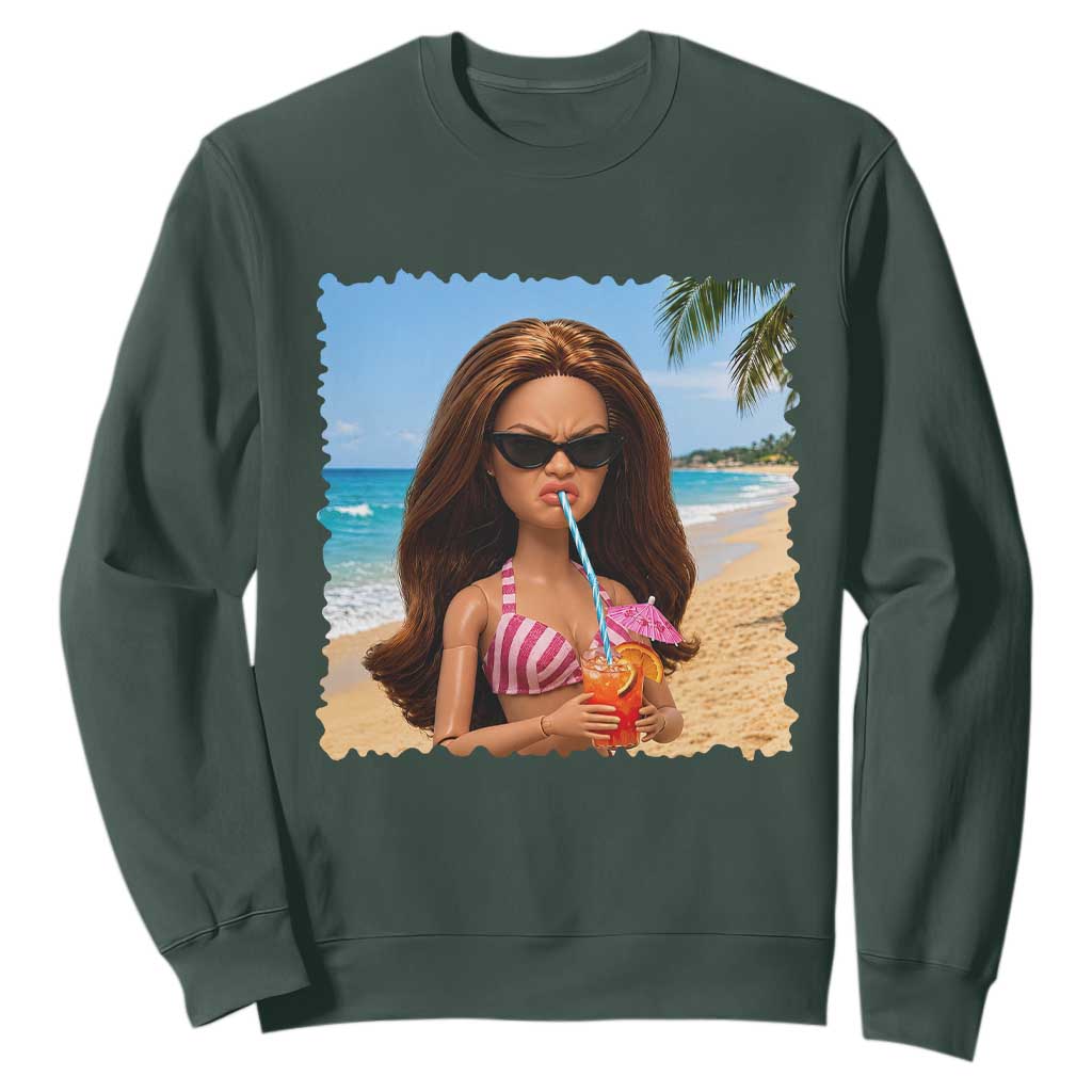 Funny Summer Doll Face Meme Sweatshirt Tropical Beach Party Graphic TS12 Dark Forest Green Print Your Wear