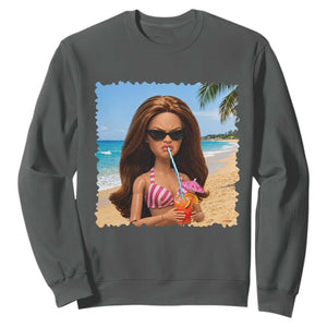 Funny Summer Doll Face Meme Sweatshirt Tropical Beach Party Graphic TS12 Dark Heather Print Your Wear