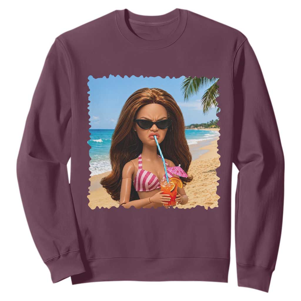 Funny Summer Doll Face Meme Sweatshirt Tropical Beach Party Graphic TS12 Maroon Print Your Wear