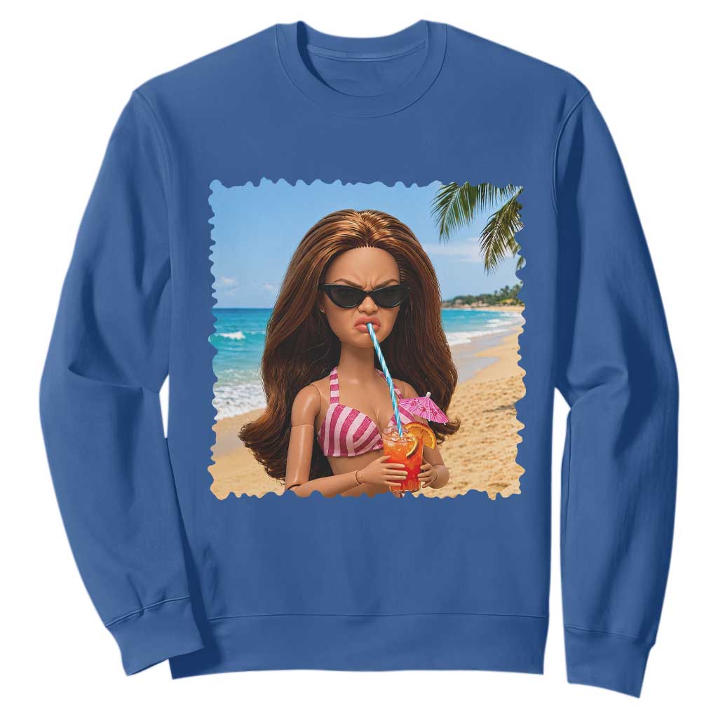Funny Summer Doll Face Meme Sweatshirt Tropical Beach Party Graphic TS12 Royal Blue Print Your Wear