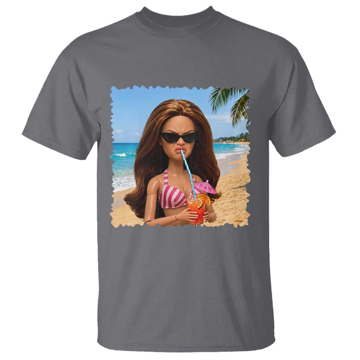 Funny Summer Doll Face Meme T Shirt Tropical Beach Party Graphic TS12 Charcoal Print Your Wear