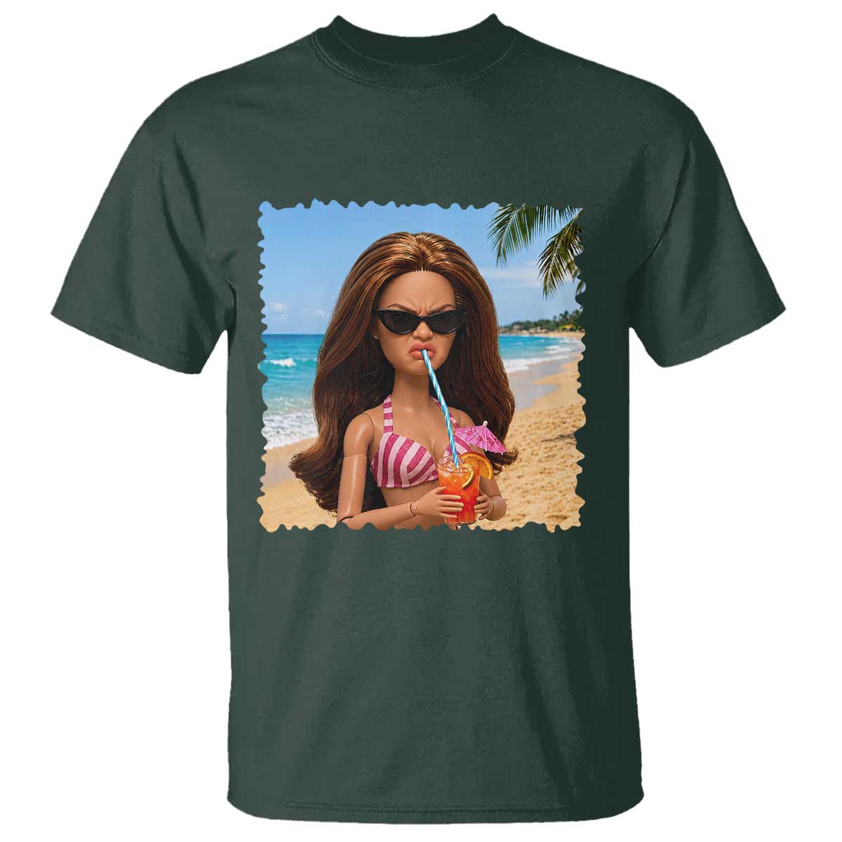 Funny Summer Doll Face Meme T Shirt Tropical Beach Party Graphic TS12 Dark Forest Green Print Your Wear